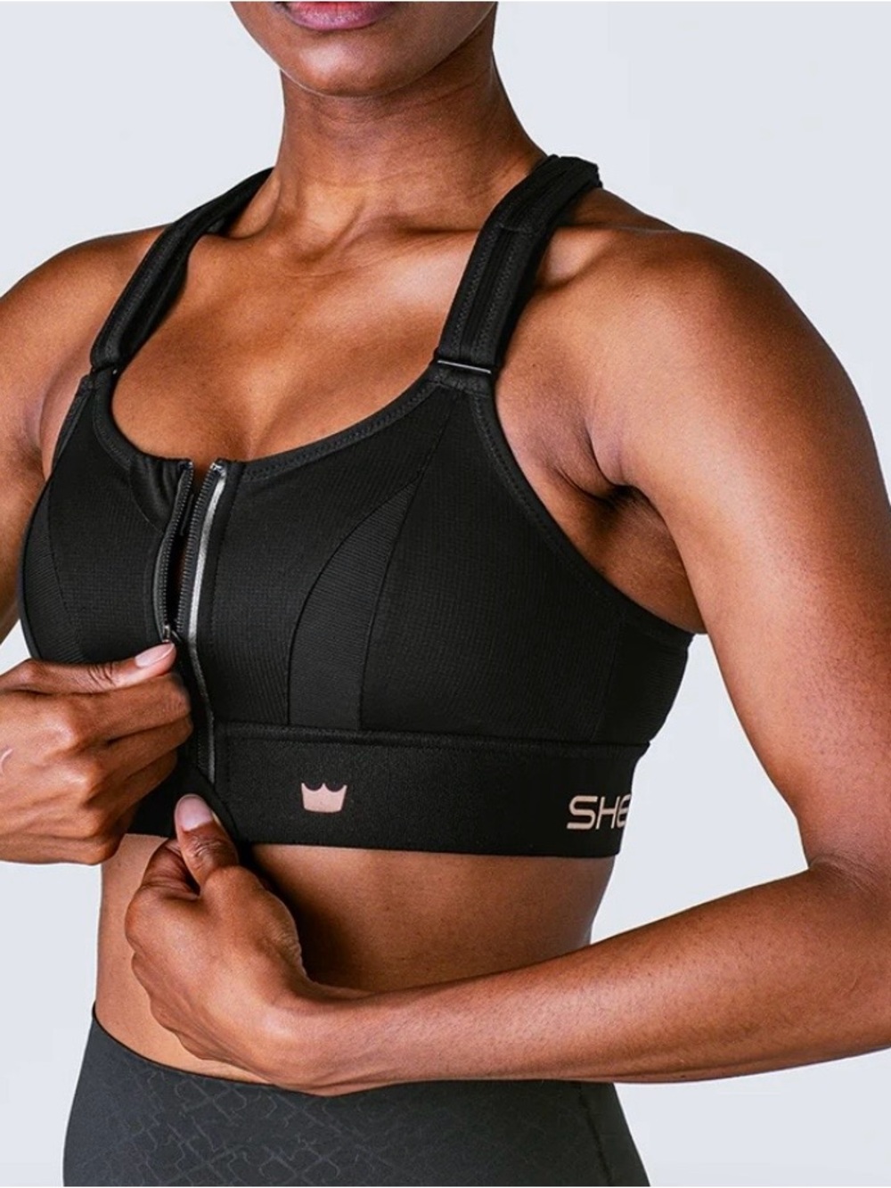 SHEFIT Black Front-Zip High Support Sports Bra with Pink Accents #AB69